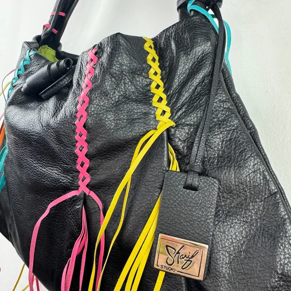 Vintage Y2k 90's Sharif Studio Handbag Black Braided Leather Fringe Hobo Bag